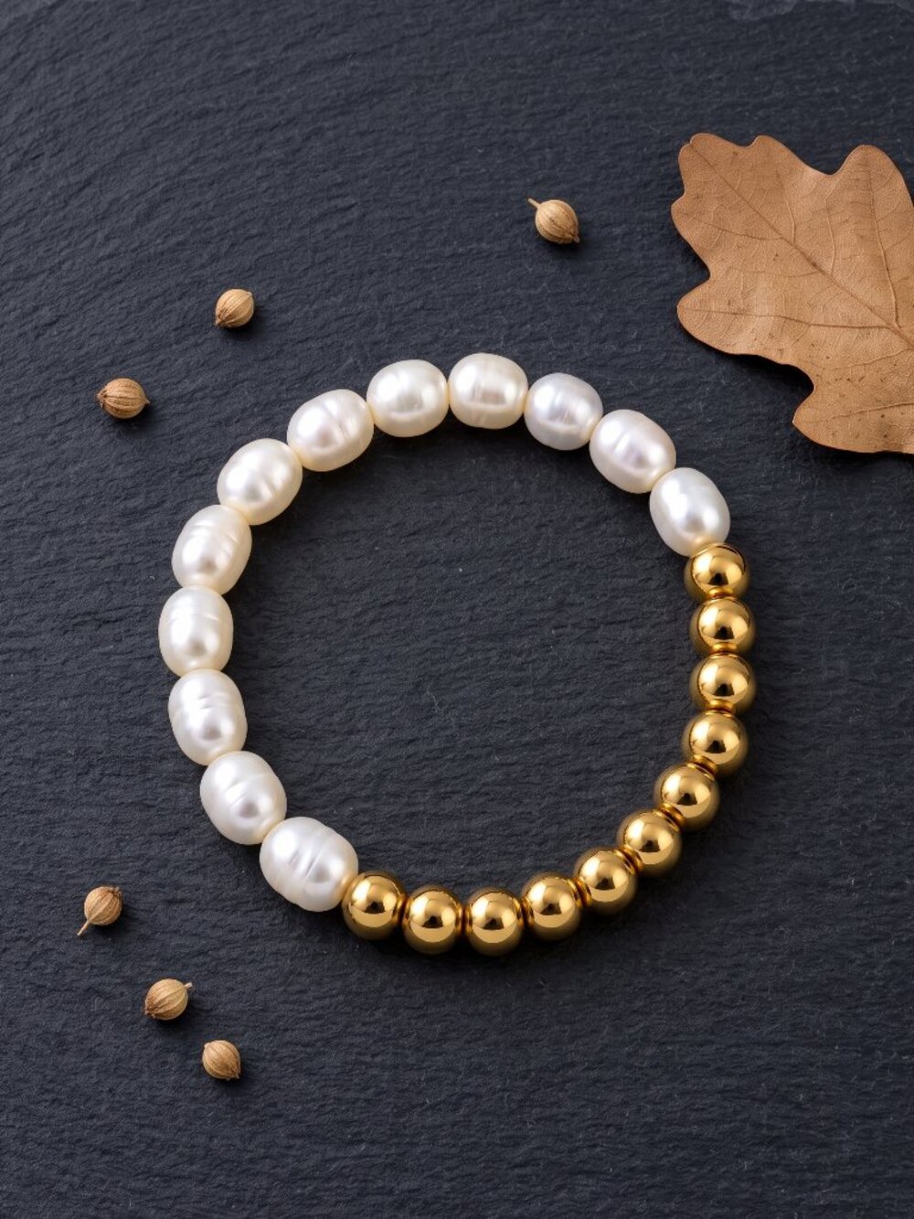 Freshwater Pearl Gold Bead Stretch Bracelet Stackable Old Money Boho Chic 6.3"